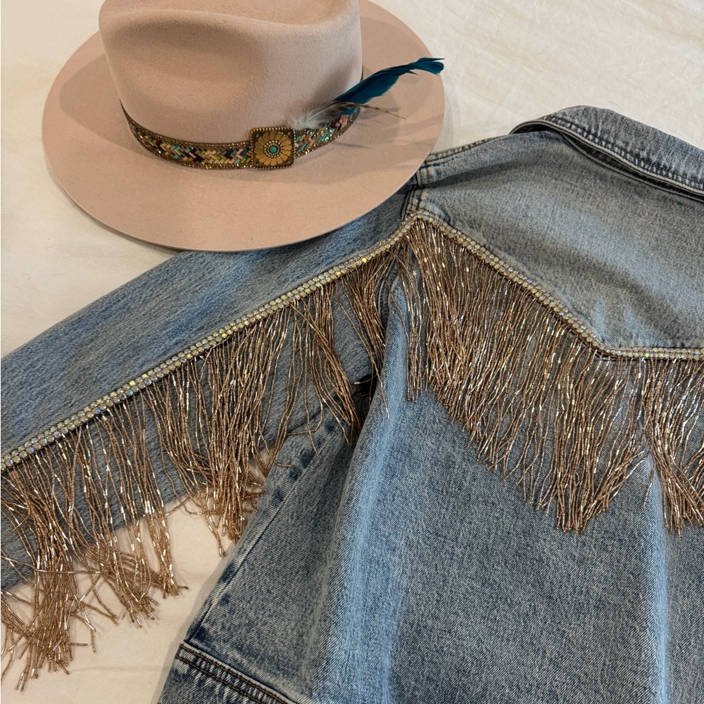 Custom Rose Gold & Crystal Fringe Denim Jacket